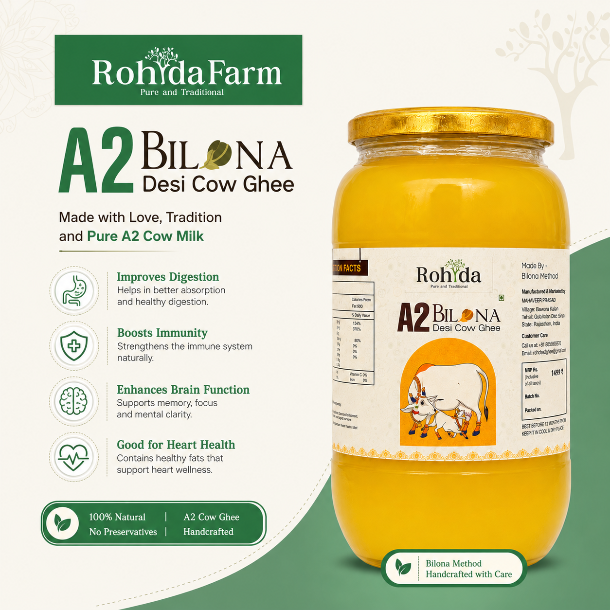 RohidaFarm A2 Bilona Desi Cow Ghee (Vedic Method) 5OOgm - alternate view